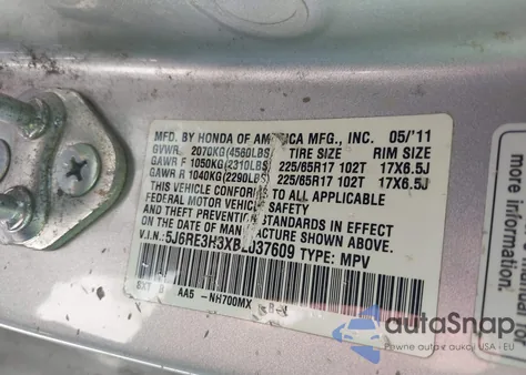 2011 Honda Cr-V Lx из США, поврежденный, VIN 5J6RE3H3XBL037609